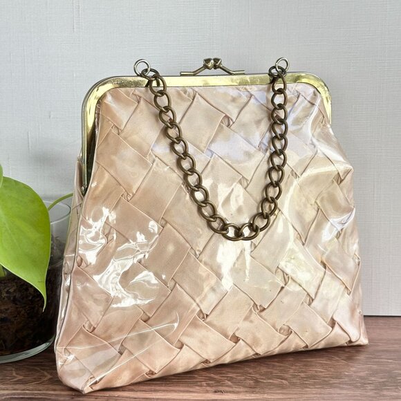 Vintage 1950s Woven Satin Handbag With Vinyl Overlay Chain Handle Gold - Picture 2 of 14